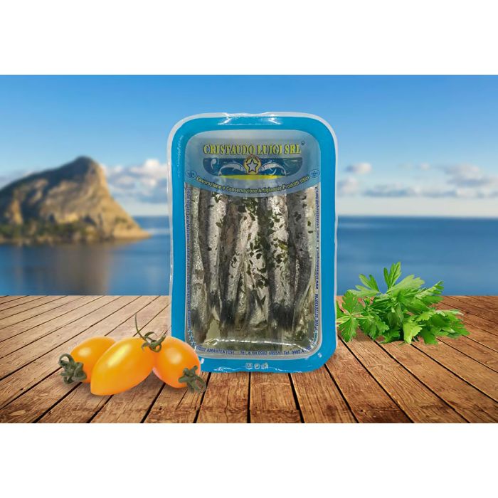 Anchovies with parsley in tray
